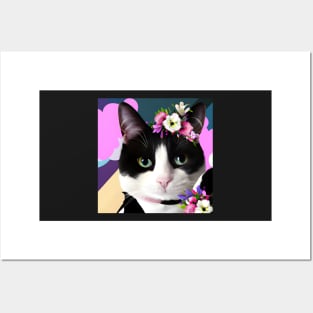 Black and White Cat with a Flower Tiara and Colourful Background. Posters and Art